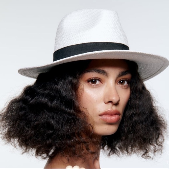 ZARA White Woven Hat with Contrasting Black Band S/M BNWT